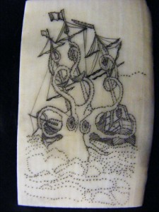 Kraken scrimshaw-beginning rigging and shading the masts