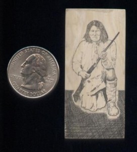 Scot Kimel Scrimshaw of an Apache Warrior kneeling - quarter to the left for scale