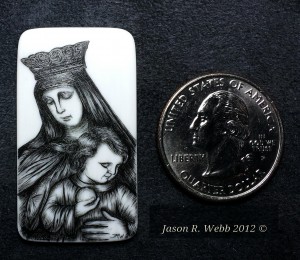 Mother and Child scrimshaw on piano key ivory with quarter shown for scale