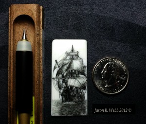 Jason Webb Scrimshaw of a ship in full sail on piano key - quarter shown for scale.