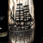 Whaling Bark scrimshaw of a ship on ancient mammoth ivory