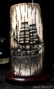 Whaling Bark scrimshaw of a ship on ancient mammoth ivory