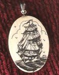 Scrimshaw ship necklace