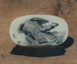Belle Ochs' scrimshaw of an Alligator with it's mouth open