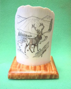 Elk Scene on ivory with wood base