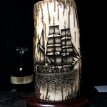 Jason R. Webb's "Whaling Bark" Scrimshaw on ancient mammoth ivory