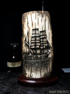 Jason R. Webb's "Whaling Bark" Scrimshaw on ancient mammoth ivory