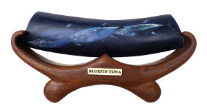 Bluefin tuna scrimshaw on custom stand