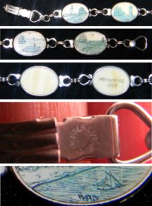 Photos of scrimshaw on bracelet, four different cabochons
