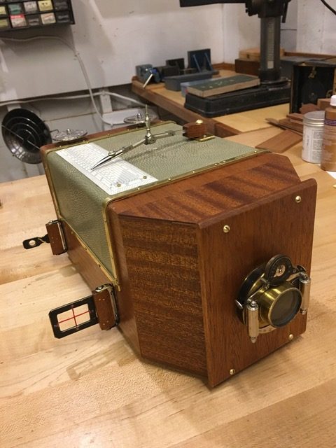 Paul Baker's version of Beauchamp's camera, materials used include  ribbon mahogany veneer, shagreen (sting ray skin leather), vintage drafting equipment. (all period correct to 19th C, especially the shagreen; was used to cover telescopes on clipper ships).