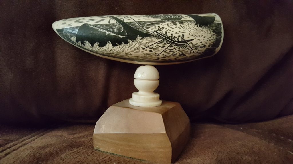 Vertical Whale tooth with scrimshaw of a whaling ship in full sail by M Bessa
